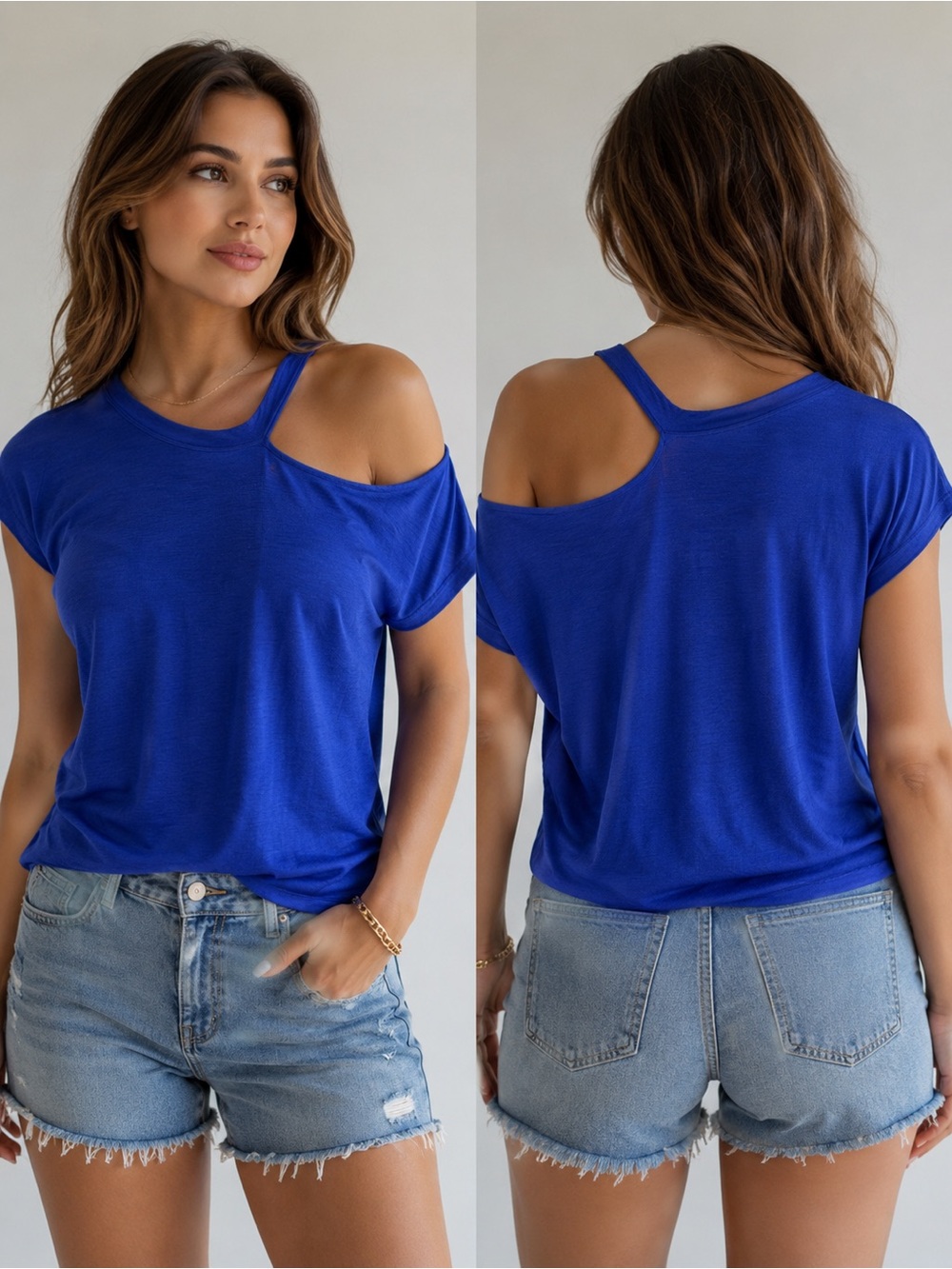 Elan Cobalt Blue Cold Shoulder Top | Soft Knit Short Sleeve Tee | Size M